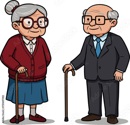 Cartoon elderly couple, senior man and woman with canes, aging characters, friendly pose, vector illustration for health, family, education, lifestyle