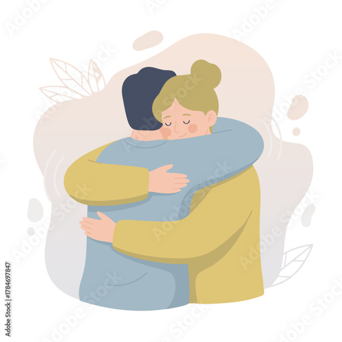 Two People Hugging Affectionately Indoors With Soft Colors And Minimalist Design