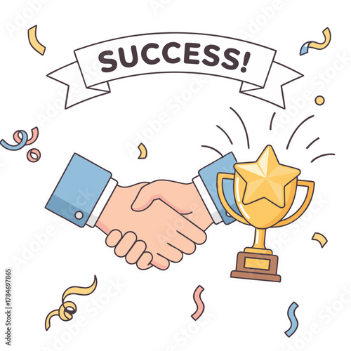 Two people in casual dress shaking hands in a co-working space with a trophy and confetti celebrating success and achievement