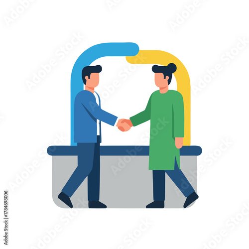 Two men concluding a remote interview with a handshake illustration in a modern flat vector style with blue and yellow abstract shapes above and a grey platform below