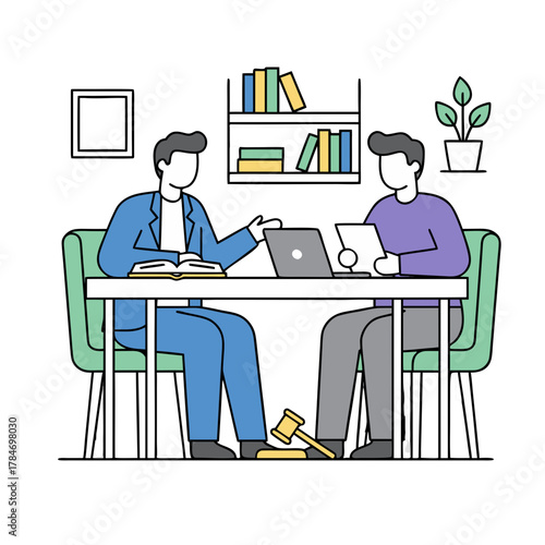 Two Men Discussing Documents and Laptop at Table with Gavel on Floor Minimalist Tones and White Background