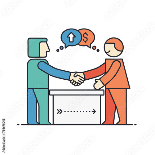 Two men in suits a teal blue and orange shake hands respectfully over a table with business growth icons above them in a flat design illustration
