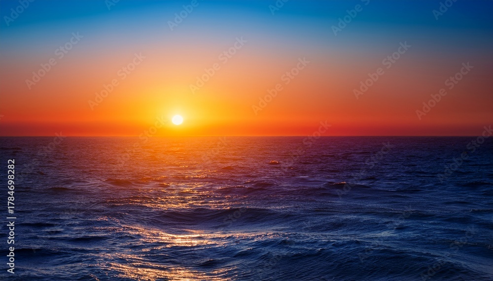 Fototapeta premium Vibrant Ocean Sunset Or Sunrise With Glowing Sun And Calm Waves On A Gradient Sky Minimalist Abstract Seascape Background