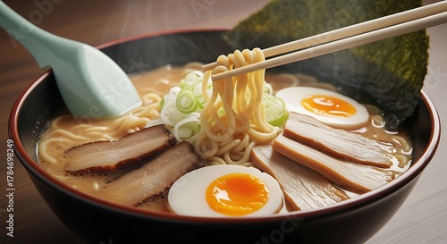 Delicious ramen noodle soup with pork and egg in a bowl, japanese cuisine photography food photography