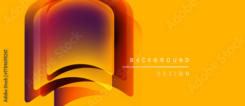 Abstract design features layered shapes, vibrant orange, purple hues. Background suggests open book, modern aesthetic. Simple text complements visual elements.