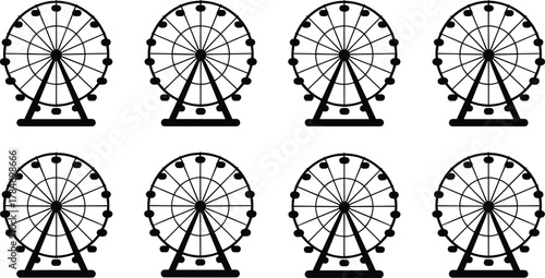 Ferris wheel, amusement park, fairground ride, black and white, silhouette pattern, symmetrical layout, passenger cabins, entertainment icon, rotation 