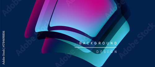 Abstract design features vibrant layers, gradients. Modern aesthetic, dynamic shapes create visual interest. Dark background enhances color contrast.