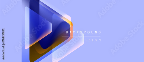 Abstract geometric shapes overlap, creating dynamic visual effect. Blue, orange hues dominate light purple backdrop. Modern design element.