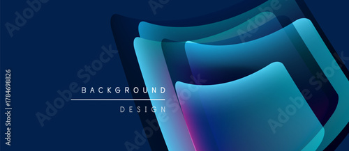 Abstract blue design features layered translucent squares. Gradient colors shift from purple to teal. Minimalist style, modern aesthetic.