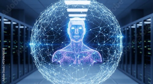 Artificial intelligence human hologram in server room for ai technology concept design use case