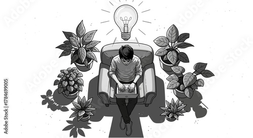 man working on laptop surrounded by plants creative workspace for inspiration reflecting productivity and a calm green home office environment