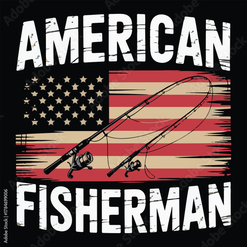 American Fisherman T-Shirt Design with Fishing Rods and Distressed USA Flag Background