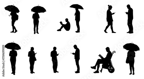 silhouettes of people in various activities strolling with umbrellas reading and using phones ideal for urban life and technology themes.