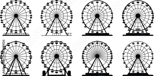 Ferris wheel, amusement park, fairground ride, silhouette design, black and white, ride comparison, passenger cabins, structural variation, entertainment icon, festive attraction, geometry 