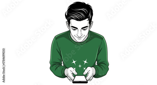Man using smartphone browsing social media with glowing screen in casual setting ideal for tech blogs and digital lifestyle promotions.