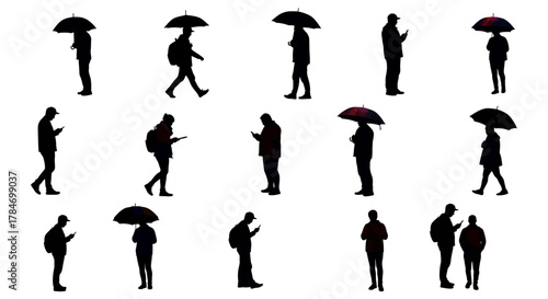 People using smartphones under umbrellas silhouettes walking in city depicting urban life connection and technology use during rainy days.