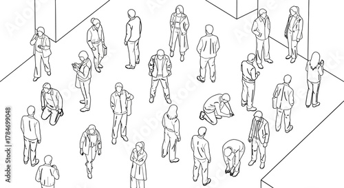 People crowd scene diverse individuals in isometric view illustrating urban life and social interaction in a pedestrian zone suitable for architecture design.