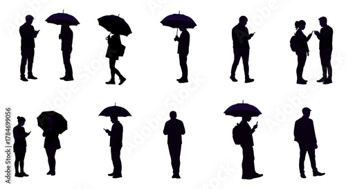 People with umbrellas using phones silhouettes on a rainy day symbolizing urban life communication and technology perfect for illustrating modern lifestyle