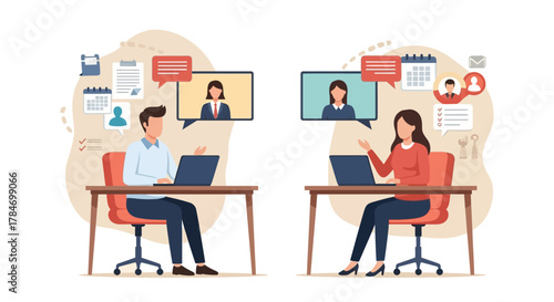 remote collaboration concept team having a virtual meeting discussing projects on laptops at desks illustrating teamwork and online communication.