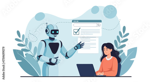 Robot assisting a woman using laptop streamlining tasks with AI technology for business efficiency and automation symbolizing modern collaboration.