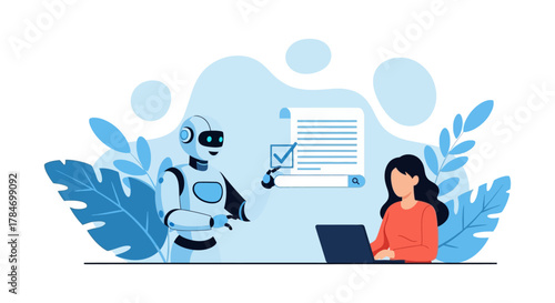 robot assistant helping businesswoman with online tasks working with AI technology improving efficiency in a modern workspace perfect for tech website