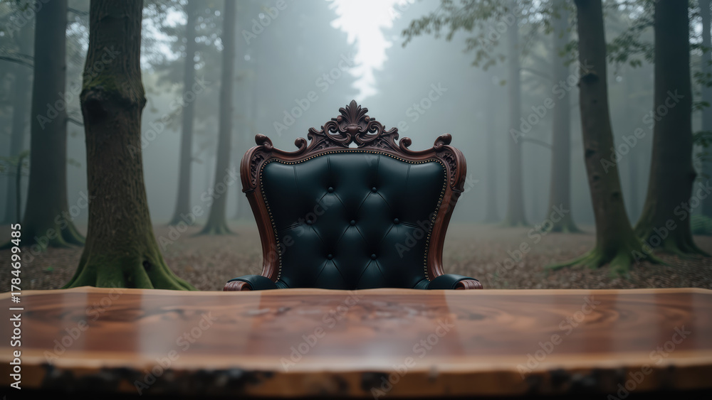 Fototapeta premium Elegant chair, wooden table, misty forest, serene atmosphere, vintage style, nature setting