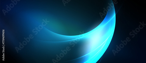 Abstract blue curves create dynamic light effect. Smooth gradients suggest movement, depth, modern design. Minimalist composition.