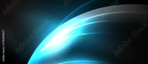 Abstract blue light curves radiate from bright center. Dark background creates dramatic visual effect. Smooth gradients define shapes.