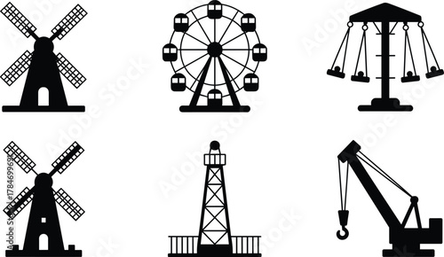 Ferris wheel, swing ride, windmill, oil derrick, crane silhouette, amusement park, industrial structure, black and white, engineering design, festive icon, machinery contrast, grid layout