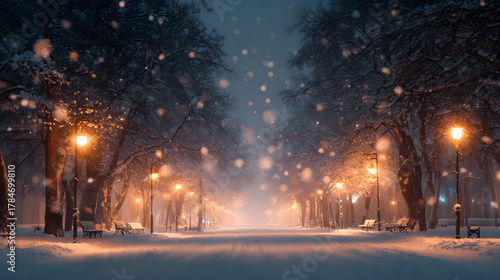 Snowfall through city park lights, motion blur and glowing haze, atmospheric cinematic perspective
