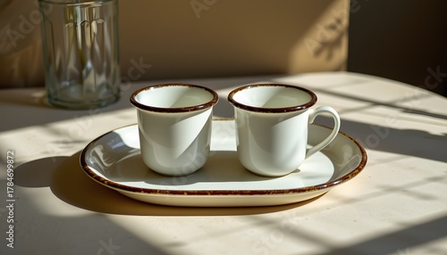 Pair of enamel cups on tray, geometric shadow, golden morning