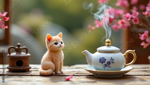 Tea pet figurine tiny, gaiwan beside, pale stonescape background