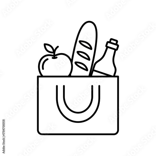 Grocery Shopping Bag with Food Line Art Icon