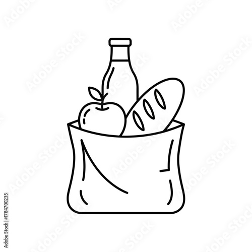 Grocery Shopping Bag with Food Line Art Icon