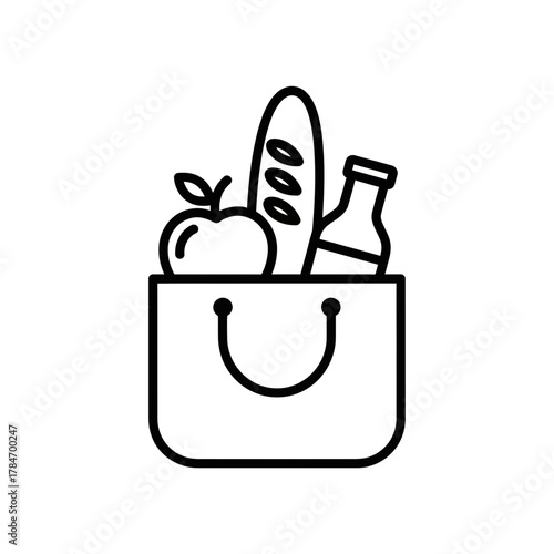Grocery Shopping Bag with Food Line Art Icon