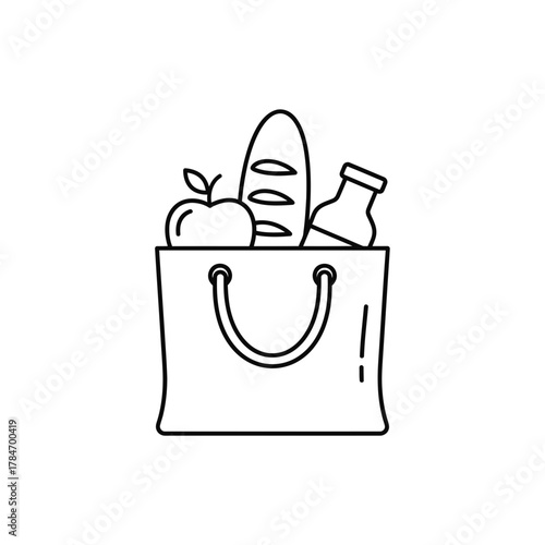 Grocery Shopping Bag with Food Line Art Icon