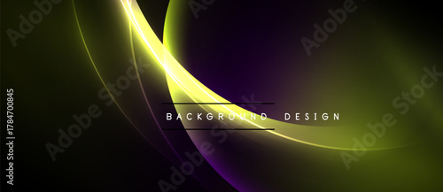 Abstract flowing lines create dynamic gradient effect. Dark background emphasizes bright yellow, purple hues. Modern design element.