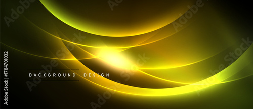 Abstract golden waves radiate from bright center. Dark background enhances luminous curves, creating dynamic visual effect. Text reads background design.