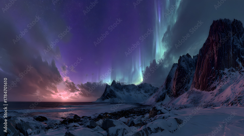 Naklejka premium Snowy cliffside under aurora sky, panoramic HDR light and tranquil northern brilliance