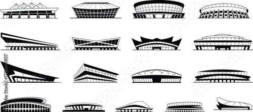 Stadium silhouette illustrations, black and white architecture, modern arena designs, dome and angular structures, public buildings, sports venues, urban planning, architectural diversity