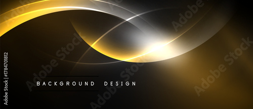 Dynamic golden lines over dark background. Smooth curves create modern abstract design. Bright light accentuates flowing shapes.