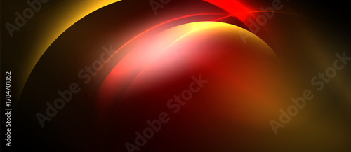 Abstract composition featuring curved shapes, warm colors. Red, orange hues blend into darkness. Smooth gradients create luminous effect.