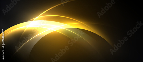 Abstract golden curves radiate from bright center. Dark background emphasizes luminous shapes, creating dynamic visual effect.