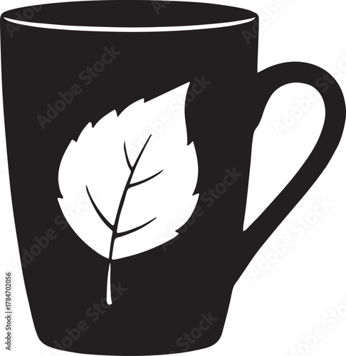 Simple black mug with a white leaf design on it.