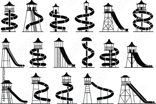 Water slide tower silhouettes, black and white design, spiral and straight slides, multi-loop structures, amusement park elements, ladder access, recreational architecture