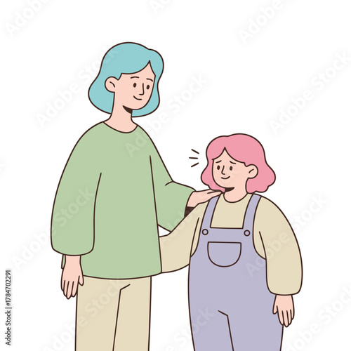 Two people sharing a close embrace showing mutual understanding and support with soft pastel colors and simple linework creating a warm atmosphere