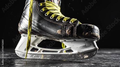 Close Up of Well Used Hockey Skate on Ice, Dark Background