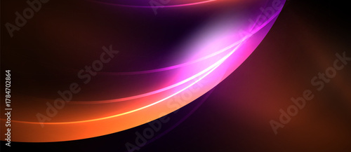Abstract flowing lines, vibrant colors blend. Orange, purple, white create dynamic visual effect. Dark background emphasizes luminosity.