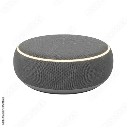 A gray amazon echo dot smart speaker, isolated on transparent background voicecontrolled device for home automation