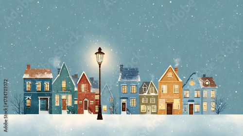 Vector Christmas village illustration with cozy houses, snow overlay and glowing lampposts, nostalgic charm for holiday card design